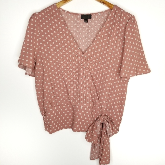 OLM Tops - OLM Polka Dot Wrap Top Flutter Sleeves Tied Medium